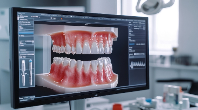 A computer screen displaying a 3D digital rendering of upper and lower teeth and gums, likely for dental implant planning or full mouth dental rehabilitation, in a modern dental office.